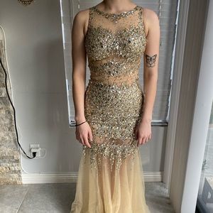 Nude Beaded Mermaid Mesh Gown